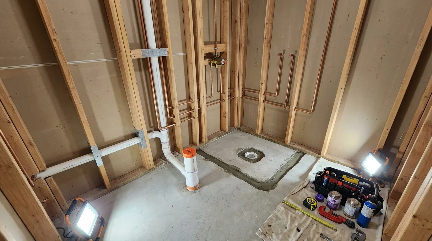 Bathroom rough-in plumbing during remodel by Johns Plumbing LLC in Taos