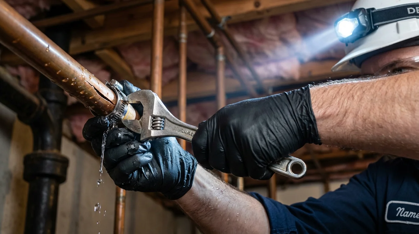 Emergency pipe clamp repair being performed by a Johns Plumbing LLC plumber in Taos