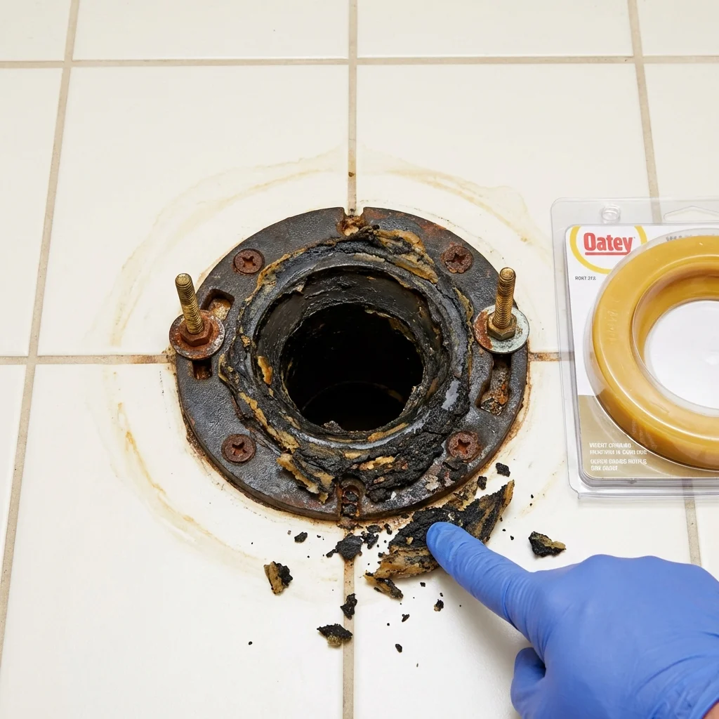 Failed wax ring showing water seepage at the base of a toilet in a Taos, NM home