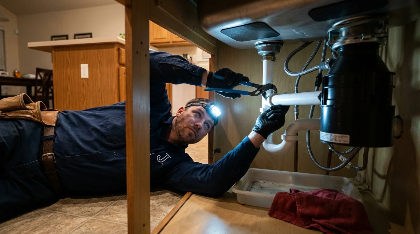 P-trap and supply line connections under a kitchen sink showing a common leak point in Taos, NM